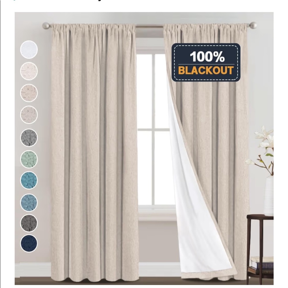 Linen look blackout curtain pair. Natural.